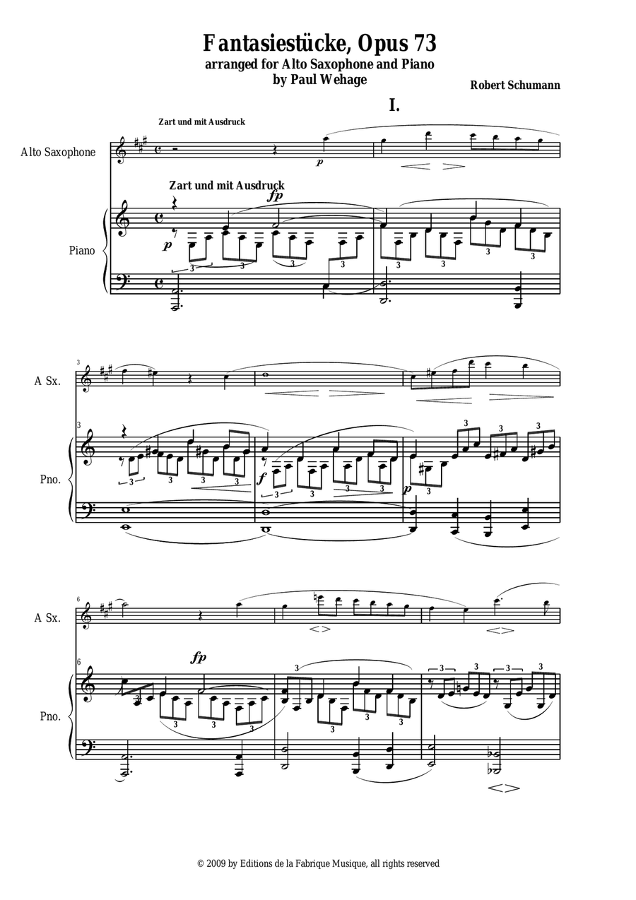 Robert Schumann: Three Fantasy Pieces (Drei Fantasiestücke), arranged for alto saxophone and piano Alto Saxophone scores gallery preview page 2