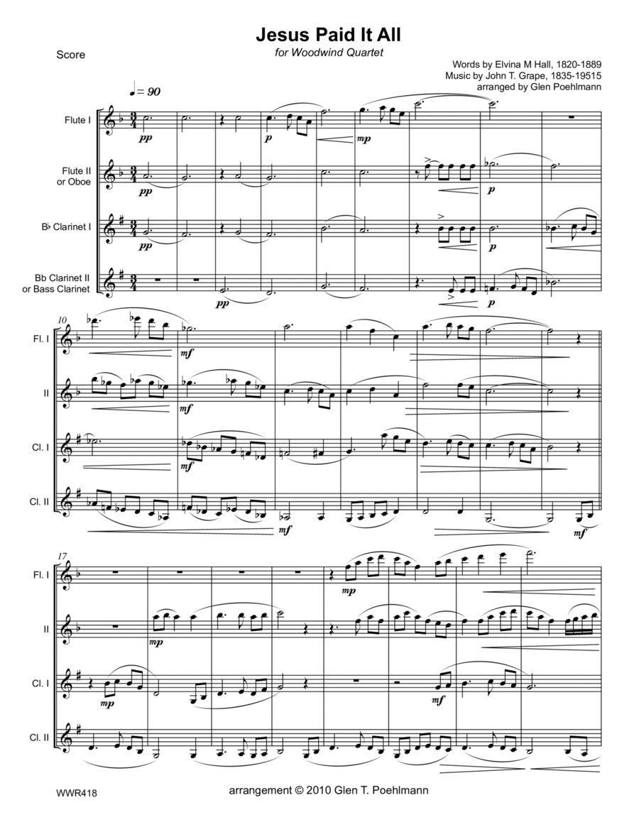 JESUS PAID IT ALL - WOODWIND QUARTET (unaccompanied) Woodwind Quartet scores gallery preview page 1