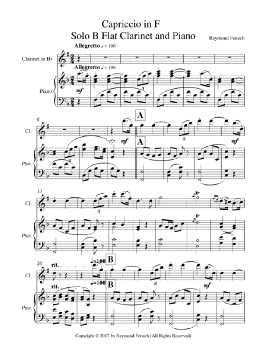 Capriccio in F - For Solo B Flat Clarinet and Piano B-Flat Clarinet scores gallery preview page 5