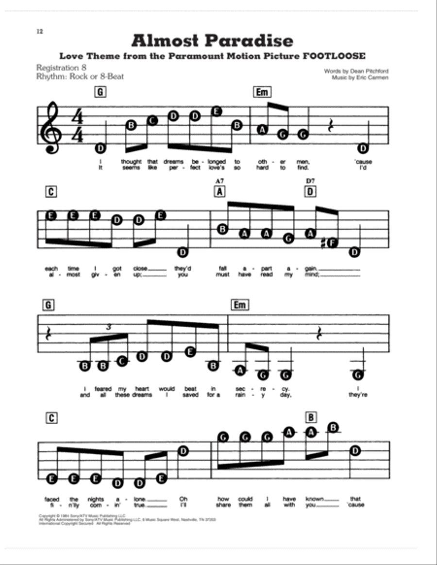 Almost Paradise (Love Theme from Footloose) Electronic Keyboard scores gallery preview page 1