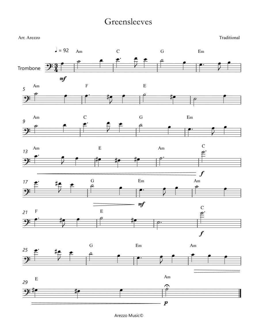 Greensleeves Lead Sheet for Trombone - Melody and Chords Trombone scores gallery preview page 1