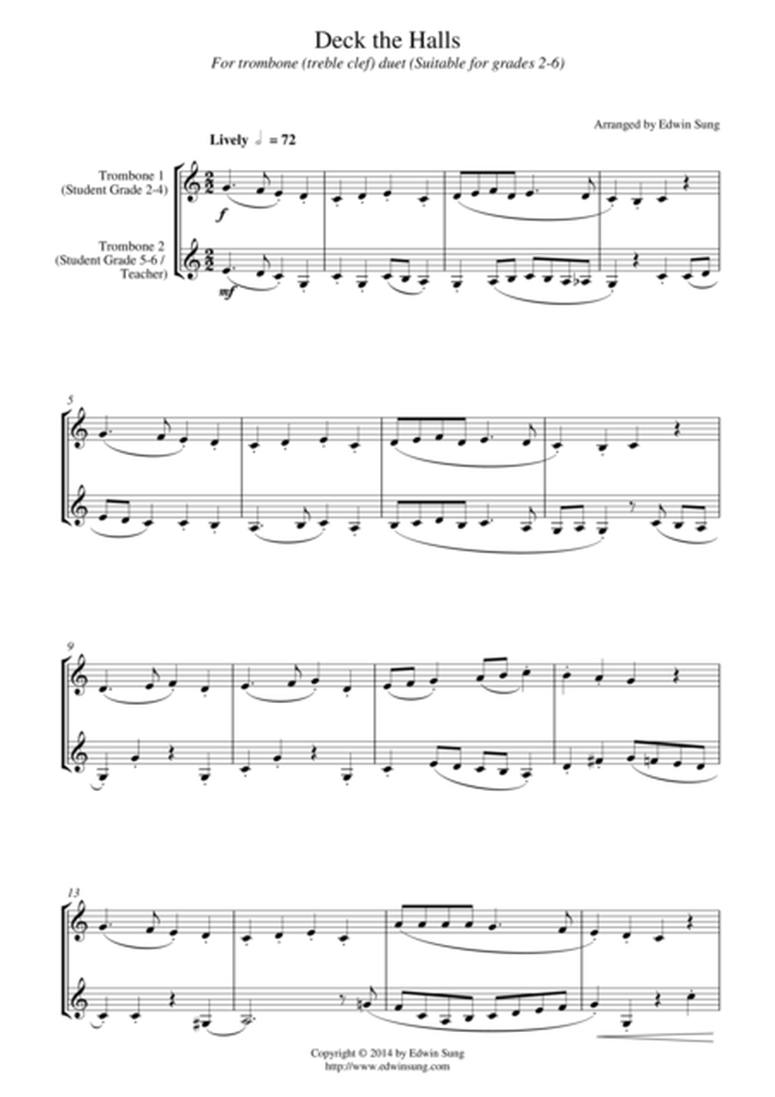 Deck the Halls (for trombone duet (treble clef), suitable for grades 2-6) image number null