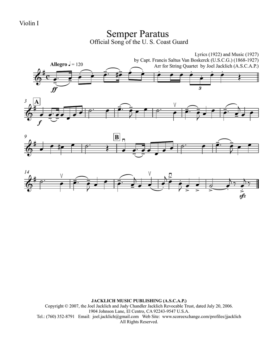 Semper Paratus (Official Song of the U. S. Coast Guard) for String Quartet image number null