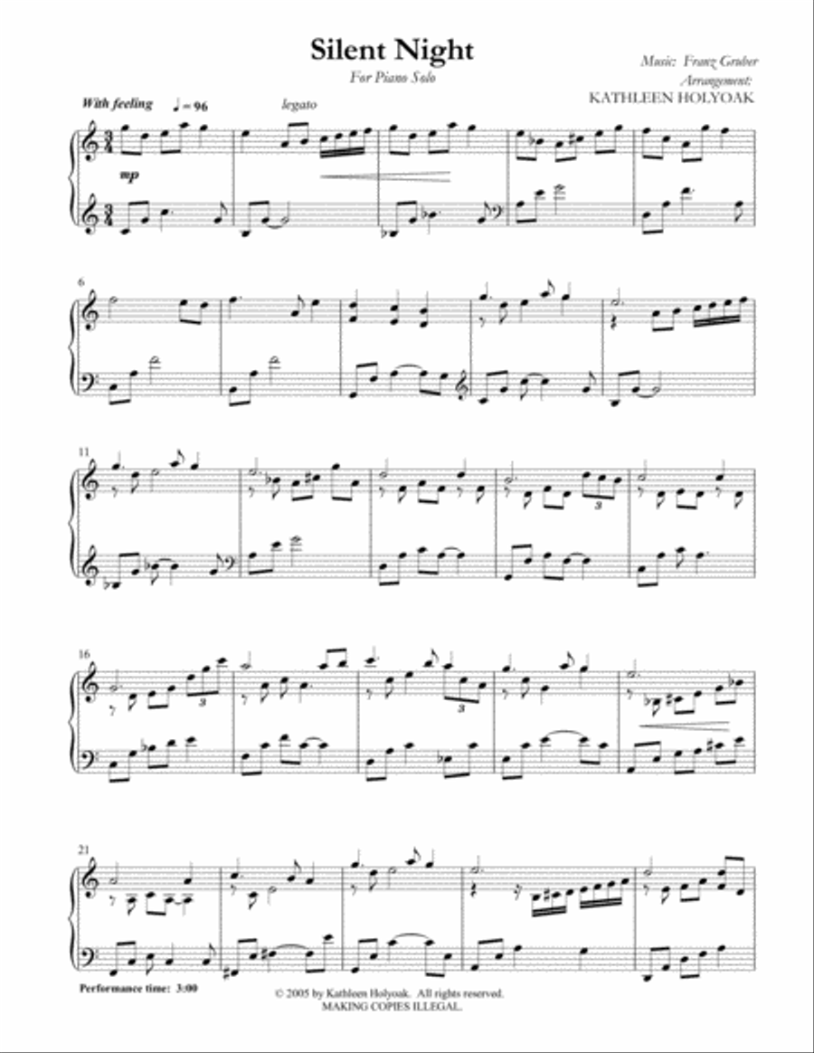 Silent Night, Piano Solo by Kathleen Holyoak Piano Solo scores gallery preview page 2