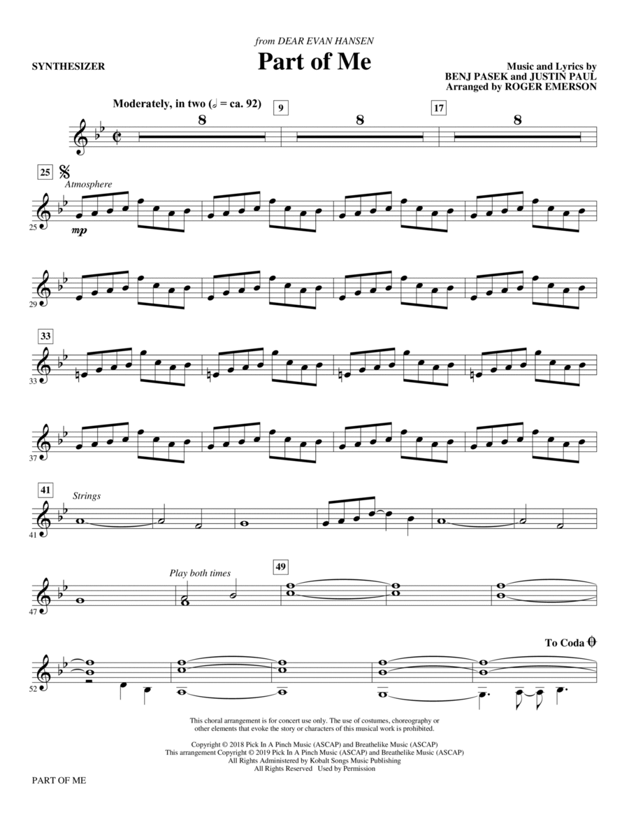 Part of Me (from Dear Evan Hansen) (arr. Roger Emerson) - Synthesizer Choir scores gallery preview page 1
