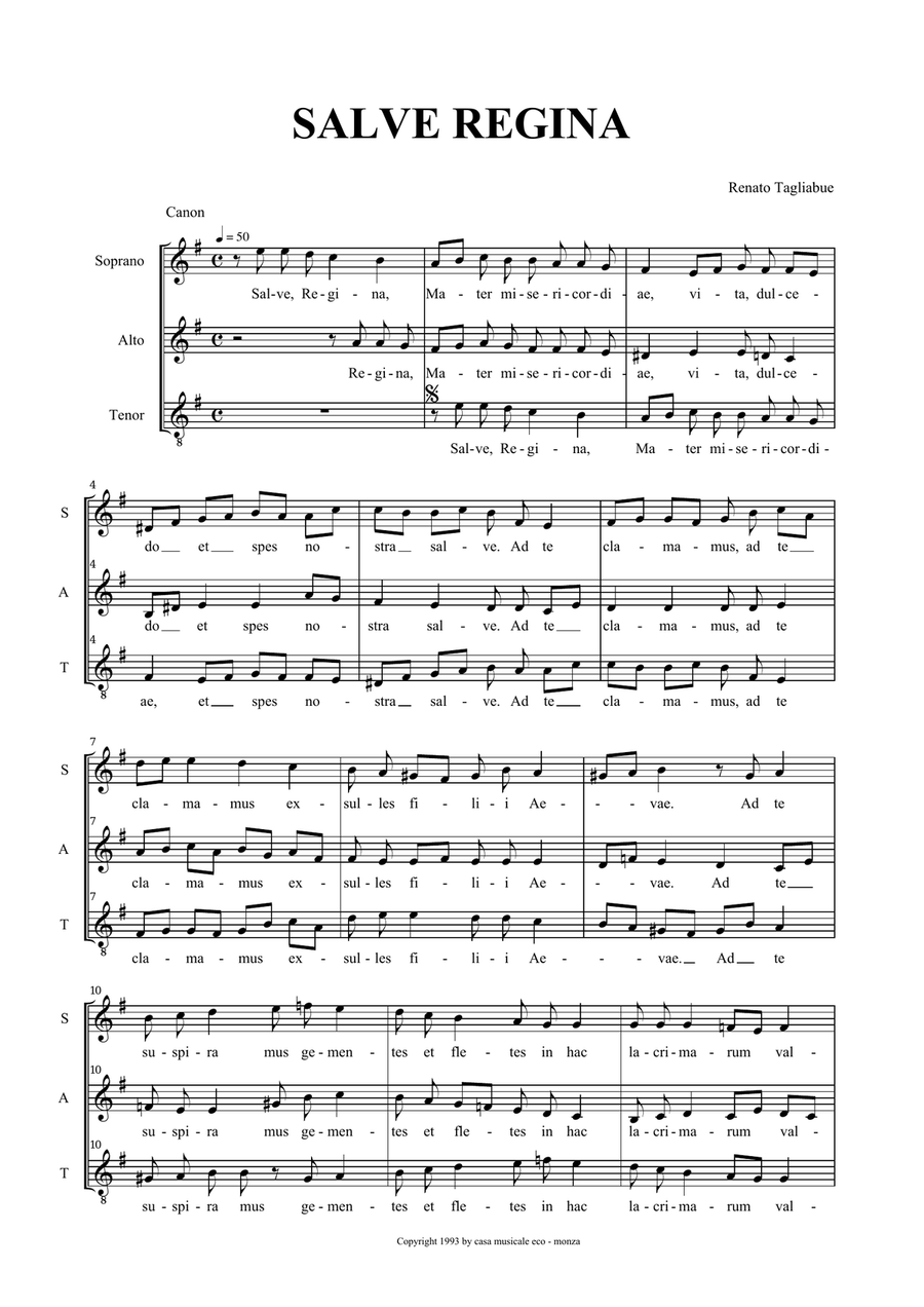 SALVE REGINA - Tagliabue - Canon for SAT Choir - Score Only SAT scores gallery preview page 2
