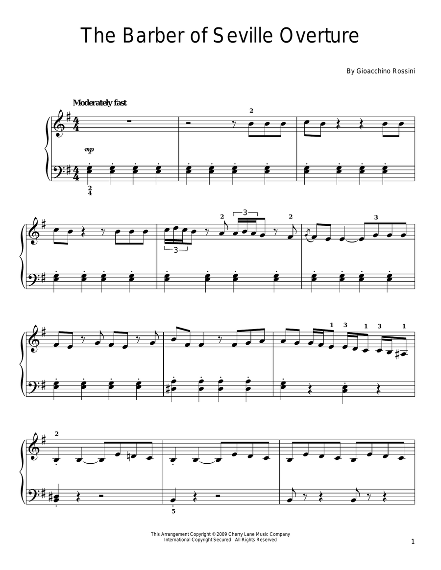 The Barber Of Seville Overture Easy Piano scores gallery preview page 1