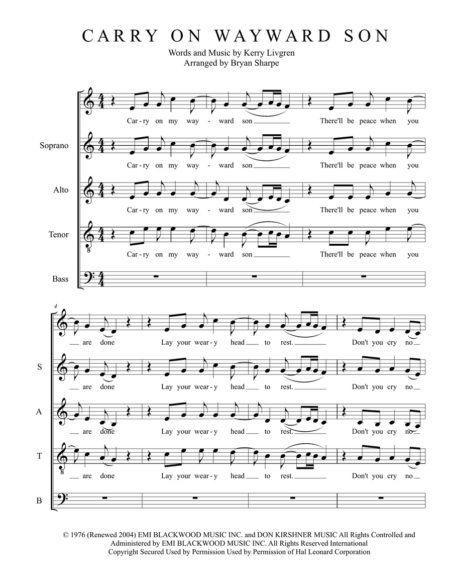 Carry On Wayward Son 4-Part scores gallery preview page 1