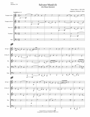 Salvator Mundi (1) by Thomas Tallis for Brass Quintet (2tmp, hn, tbn, and tuba)