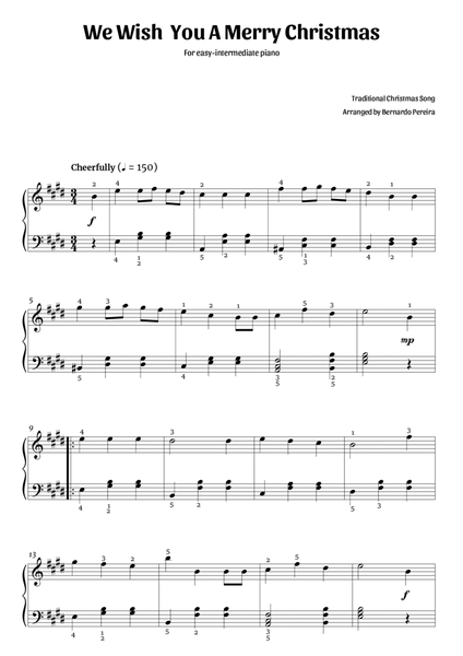 We Wish You A Merry Christmas (easy-intermediate piano in E major – clean with fingering) image number null