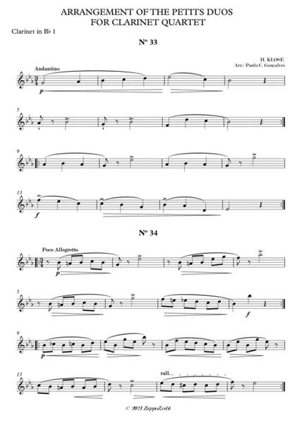 ARRANGEMENT OF THE PETITS DUOS FOR CLARINET QUARTET Nº 33 & 34 image number null