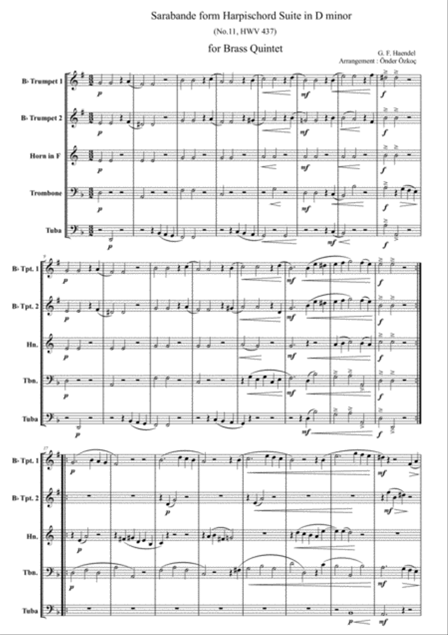 Sarabande from G. F. Handel's Harpischord Suite in D minor, No. 11, HWV 437 Brass Ensemble scores gallery preview page 2