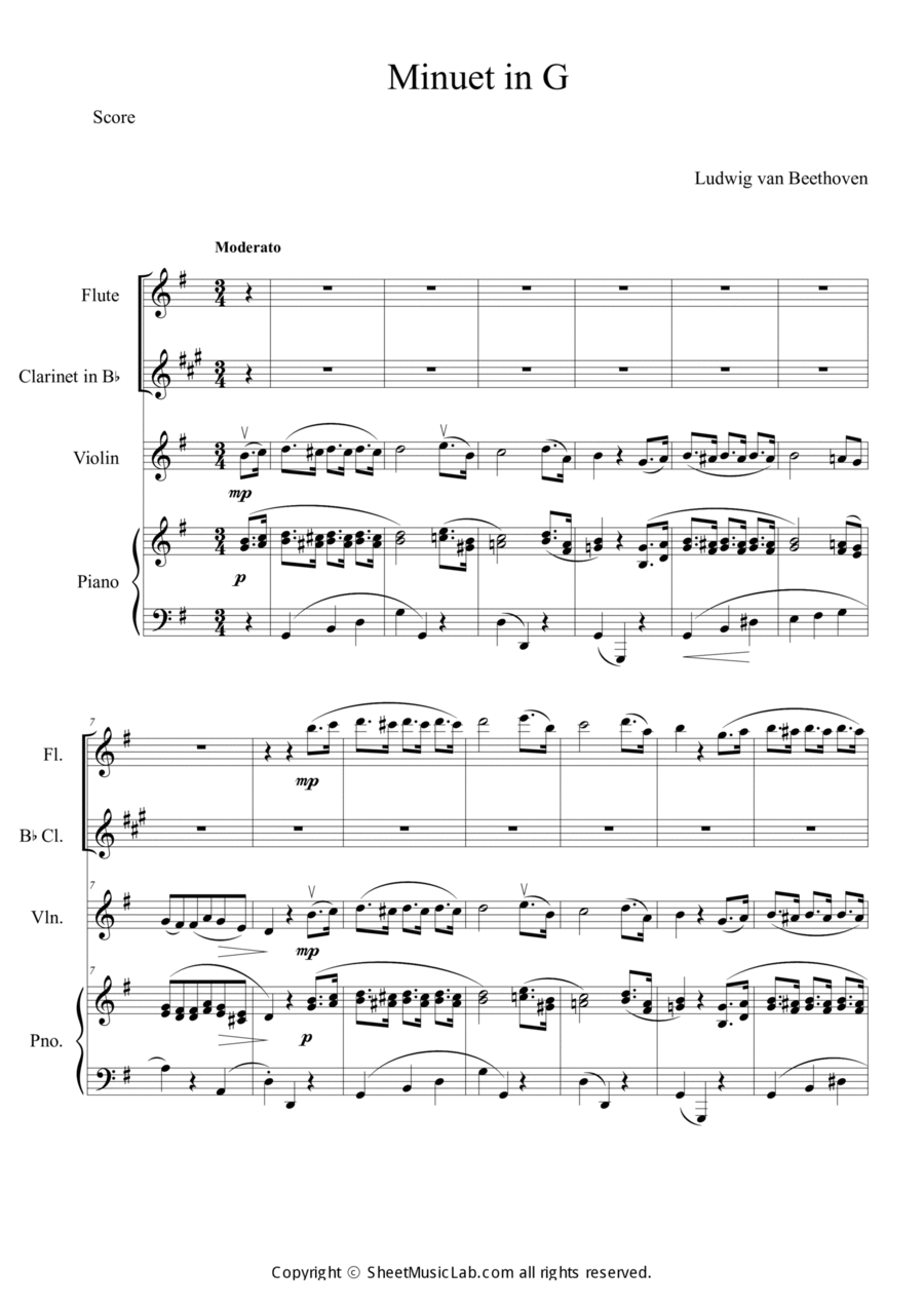 Minuet in G major Clarinet scores gallery preview page 1