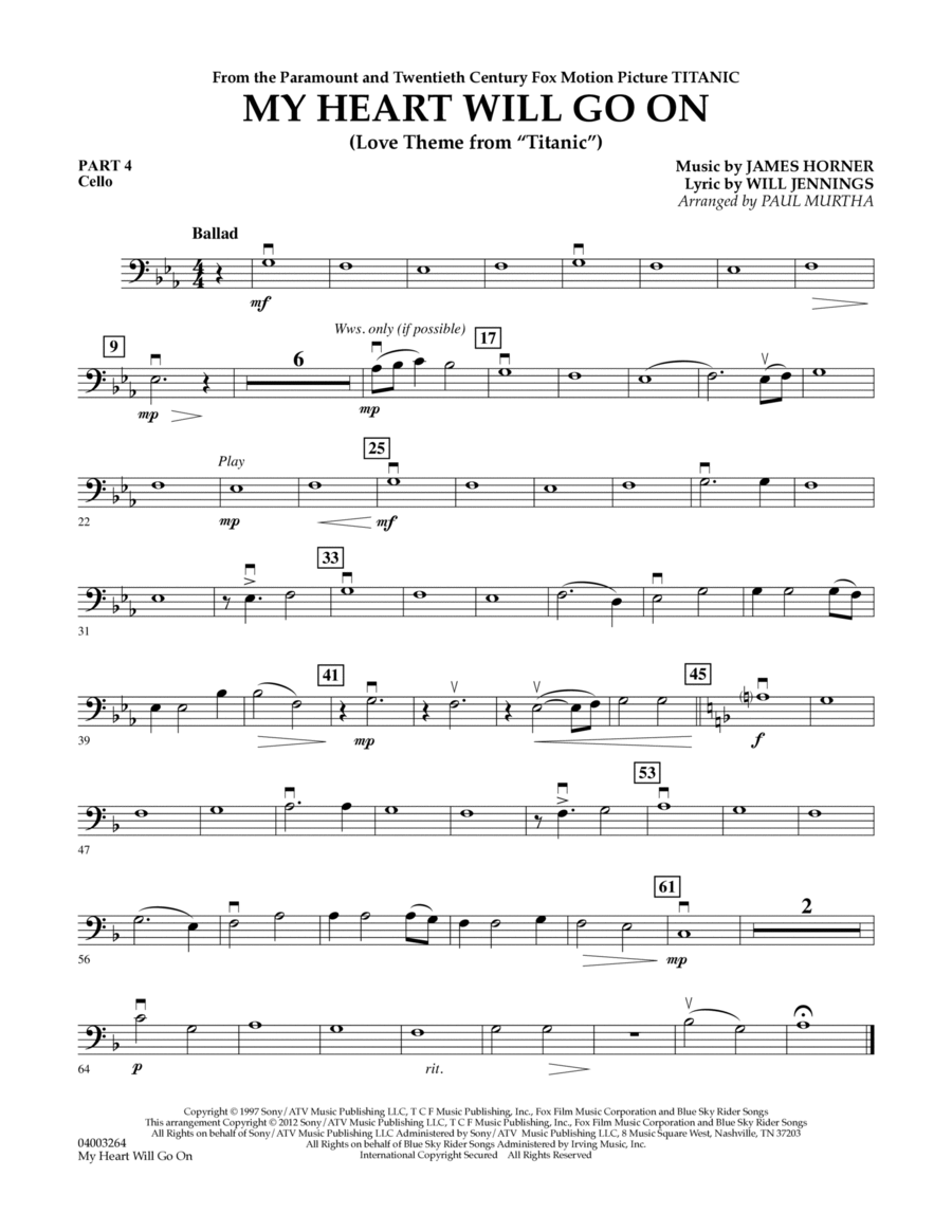 My Heart Will Go On (Love Theme from Titanic) - Pt.4 - Cello Concert Band scores gallery preview page 1