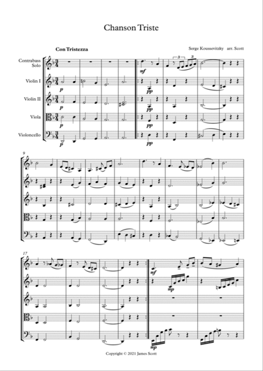Chanson Triste arranged for solo double bass in orchestra tuning and string quartet/string orchestra String Quartet scores gallery preview page 2