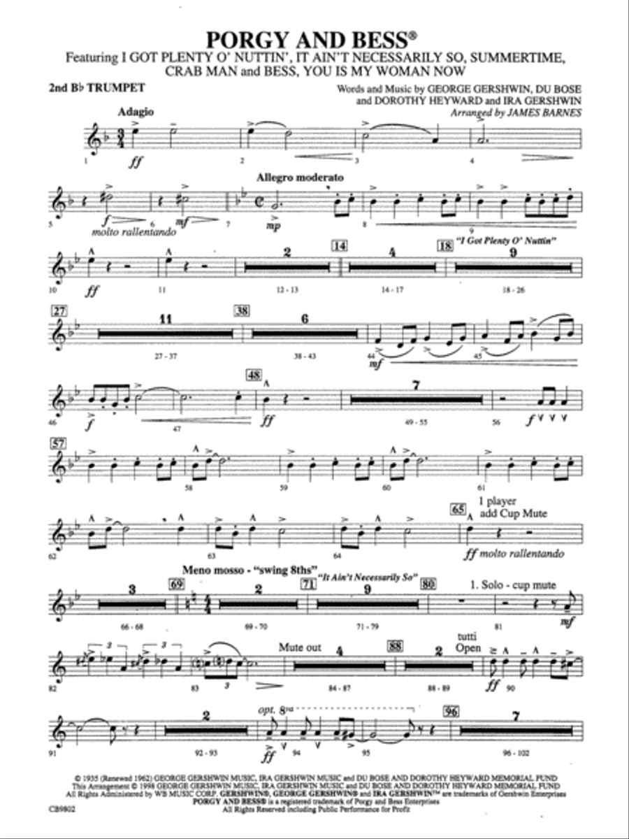 Porgy and Bess® (Medley): 2nd B-flat Trumpet Concert Band scores gallery preview page 1