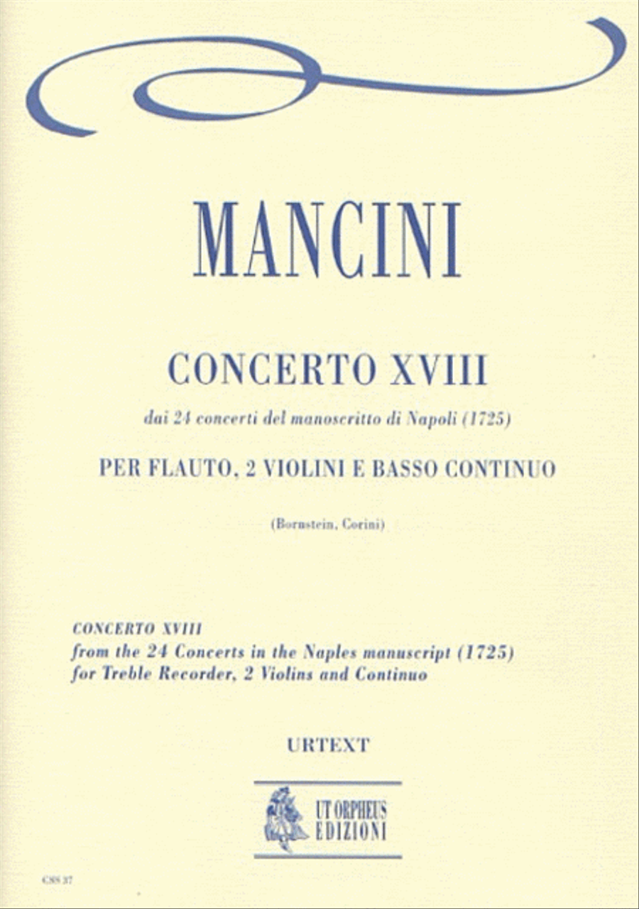 Concerto No. 18 from the 24 Concertos in the Naples manuscript (1725) for Treble Recorder (Flute), 2 Violins and Continuo Flute scores gallery preview page 1
