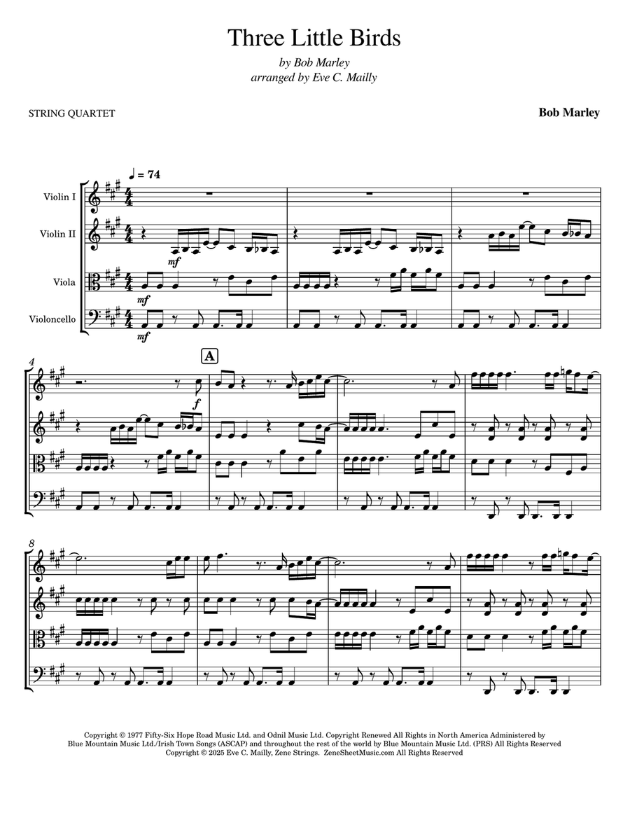 Three Little Birds String Quartet scores gallery preview page 1