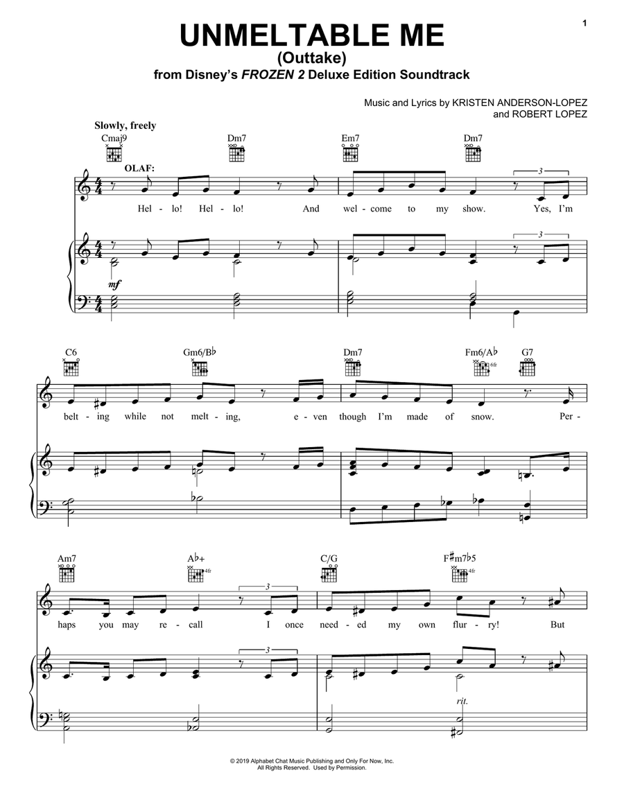 Unmeltable Me - Outtake (from Disney's Frozen 2) Piano, Vocal, Guitar scores gallery preview page 1