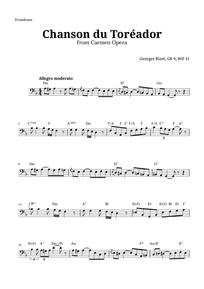Chanson du Toreador by Bizet for Trombone image number null