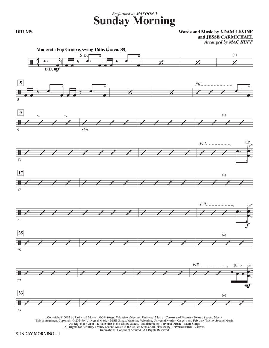 Sunday Morning (arr. Mac Huff) - Drums Choir scores gallery preview page 1