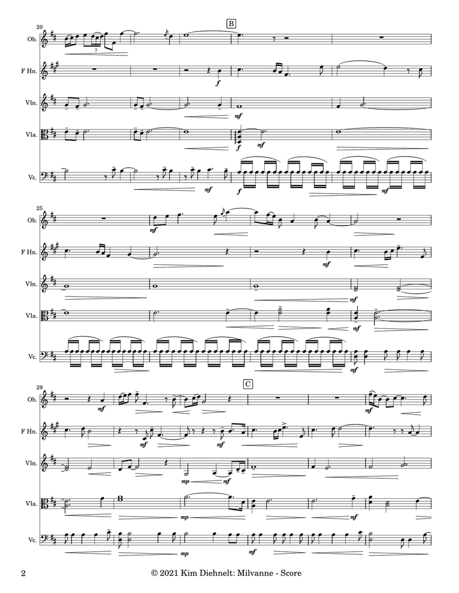 Diehnelt: Milvanne for Oboe, Horn, and String Trio Small Ensemble scores gallery preview page 4