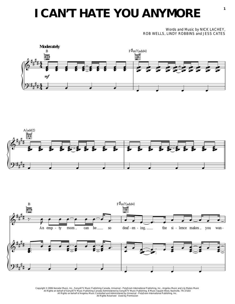 I Can't Hate You Anymore Piano, Vocal, Guitar scores gallery preview page 1
