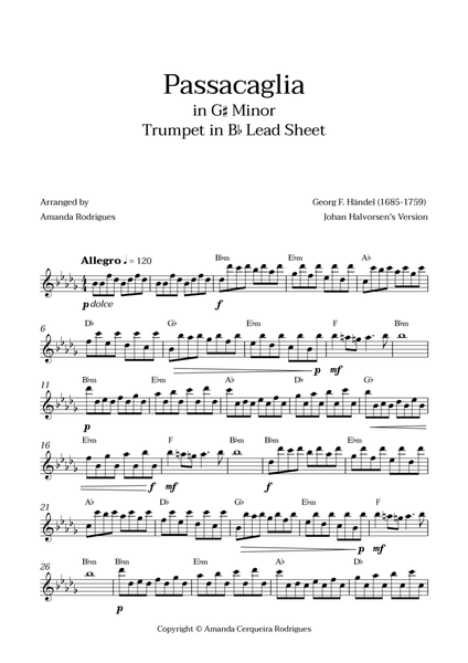 Passacaglia - Easy Trumpet in Bb Lead Sheet in G#m Minor (Johan Halvorsen's Version) image number null