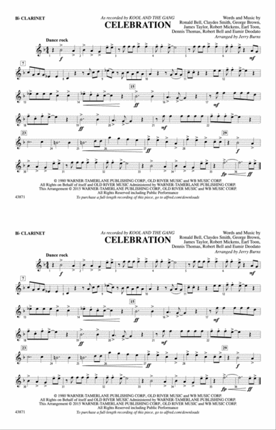Celebration: 1st B-flat Clarinet Marching Band scores gallery preview page 1