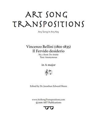 Book cover for BELLINI: Il fervido desiderio (transposed to A major)