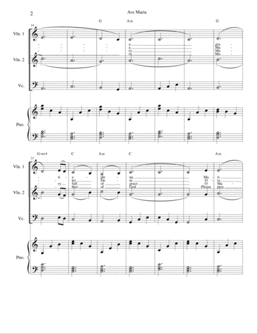 Ave Maria - Latin and English lyrics included for strings and piano Piano Trio scores gallery preview page 2