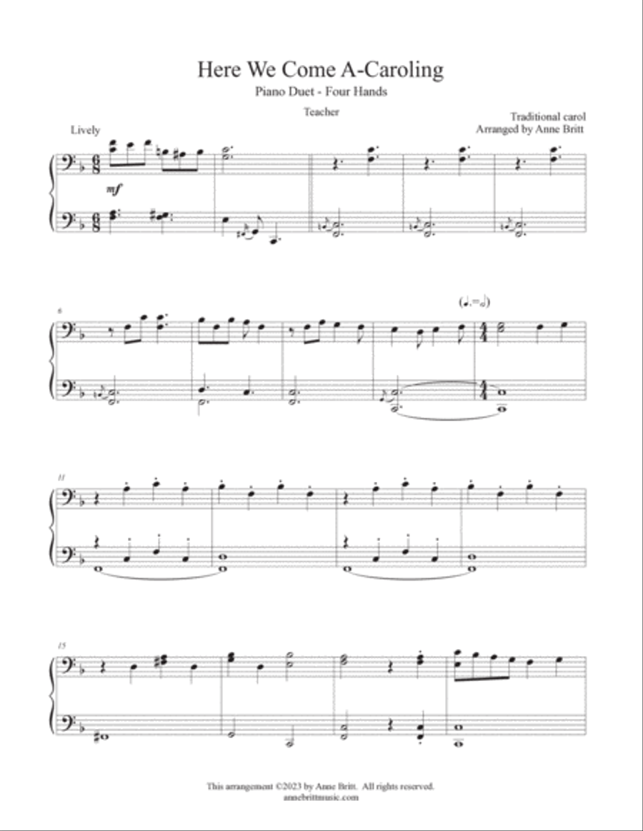 Here We Come A-Caroling (late elementary student/teacher piano duet) Piano Method scores gallery preview page 4