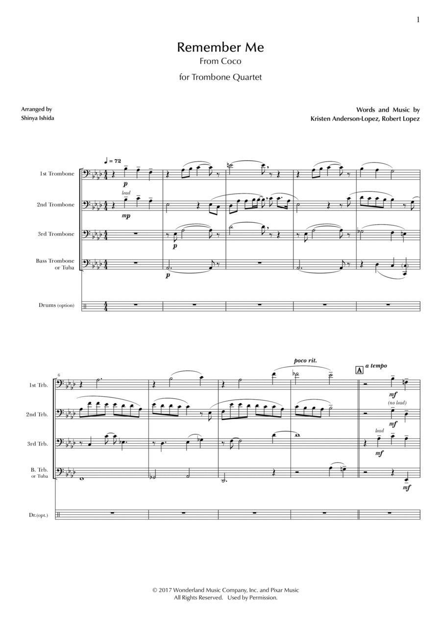 Remember Me (Lullaby) Brass Quartet scores gallery preview page 1