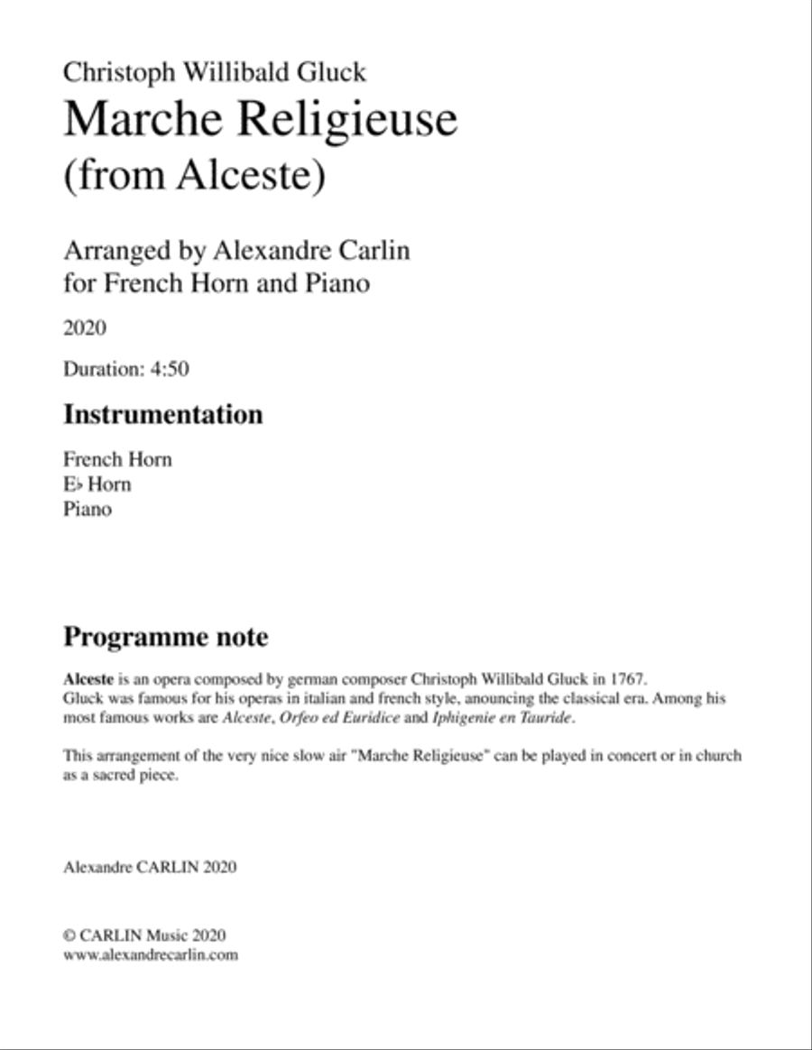 Marche Religieuse (from Alceste) by Gluck - Arranged for French Horn and Piano Horn scores gallery preview page 3