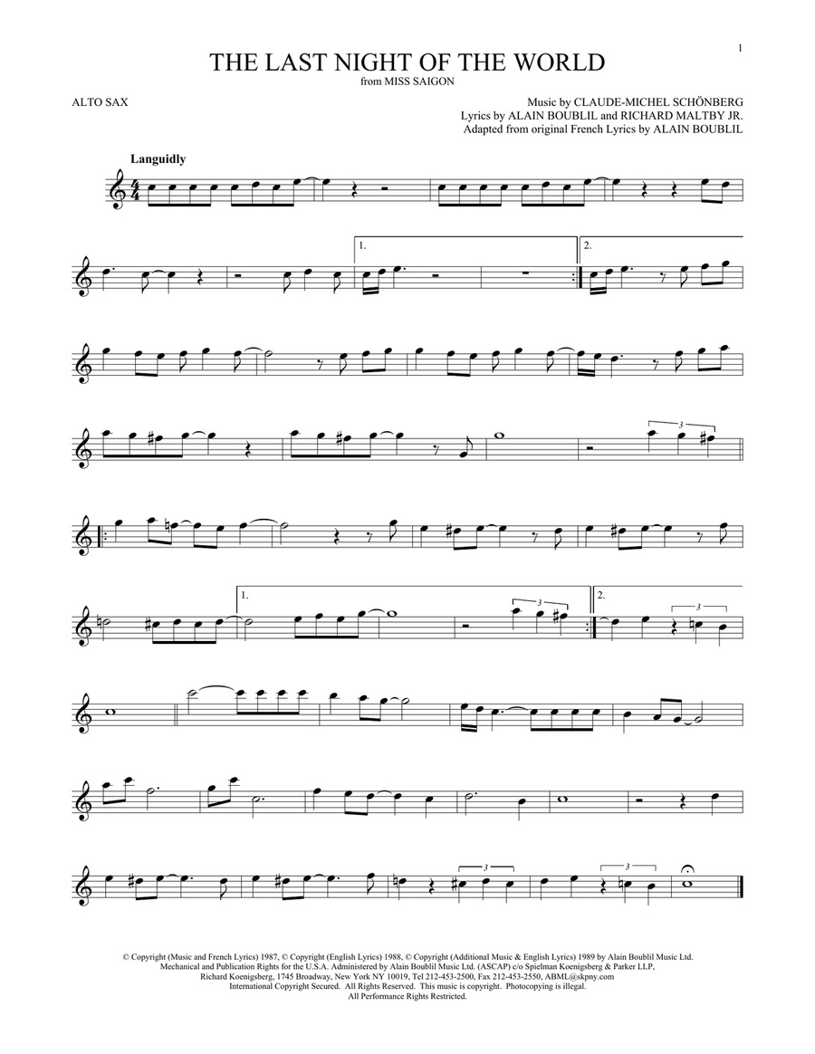 The Last Night Of The World (from Miss Saigon) Alto Saxophone scores gallery preview page 1