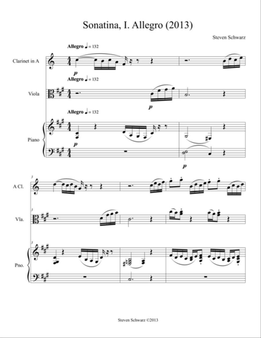 Sonatina for Clarinet, Viola and Piano (2013) Small Ensemble scores gallery preview page 1