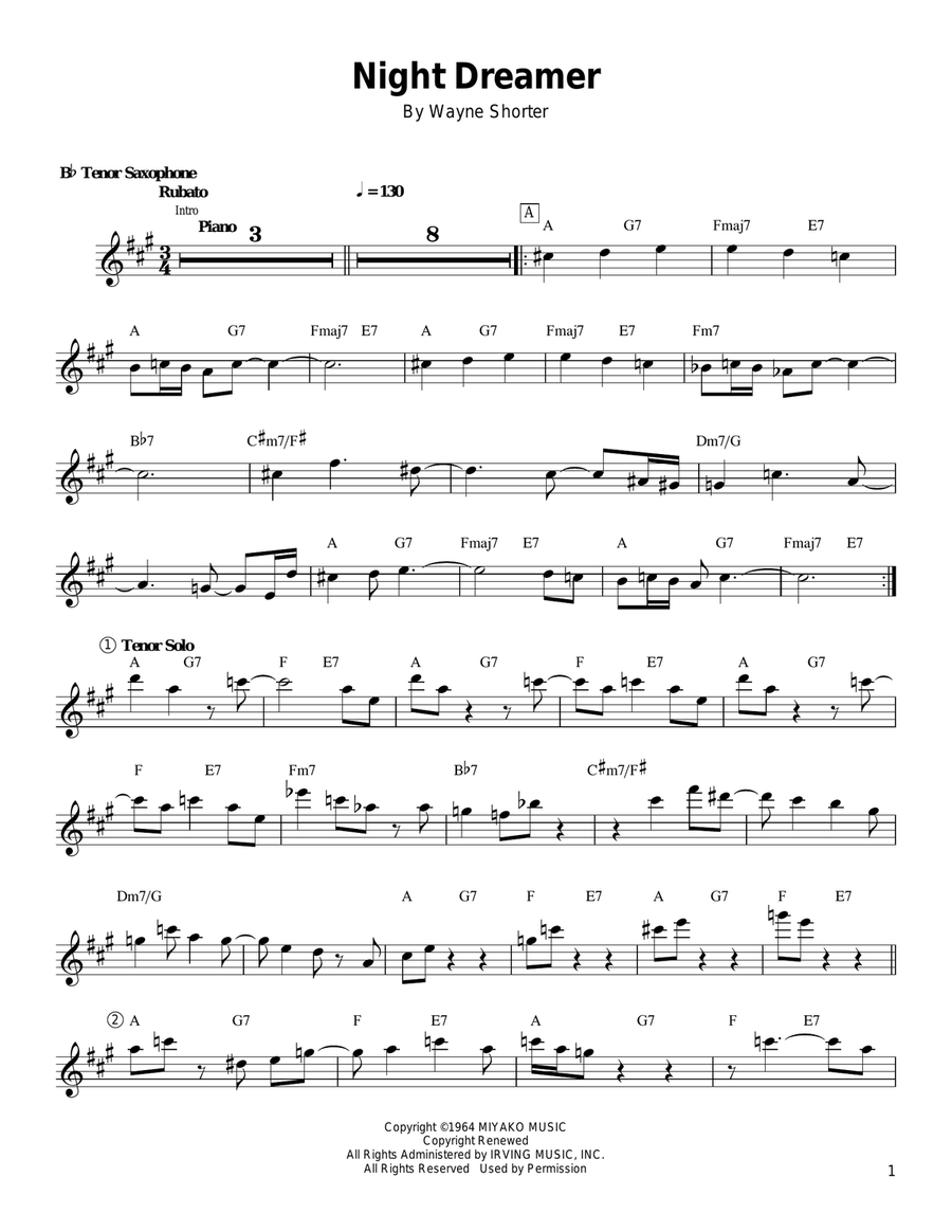 Night Dreamer Tenor Saxophone scores gallery preview page 1