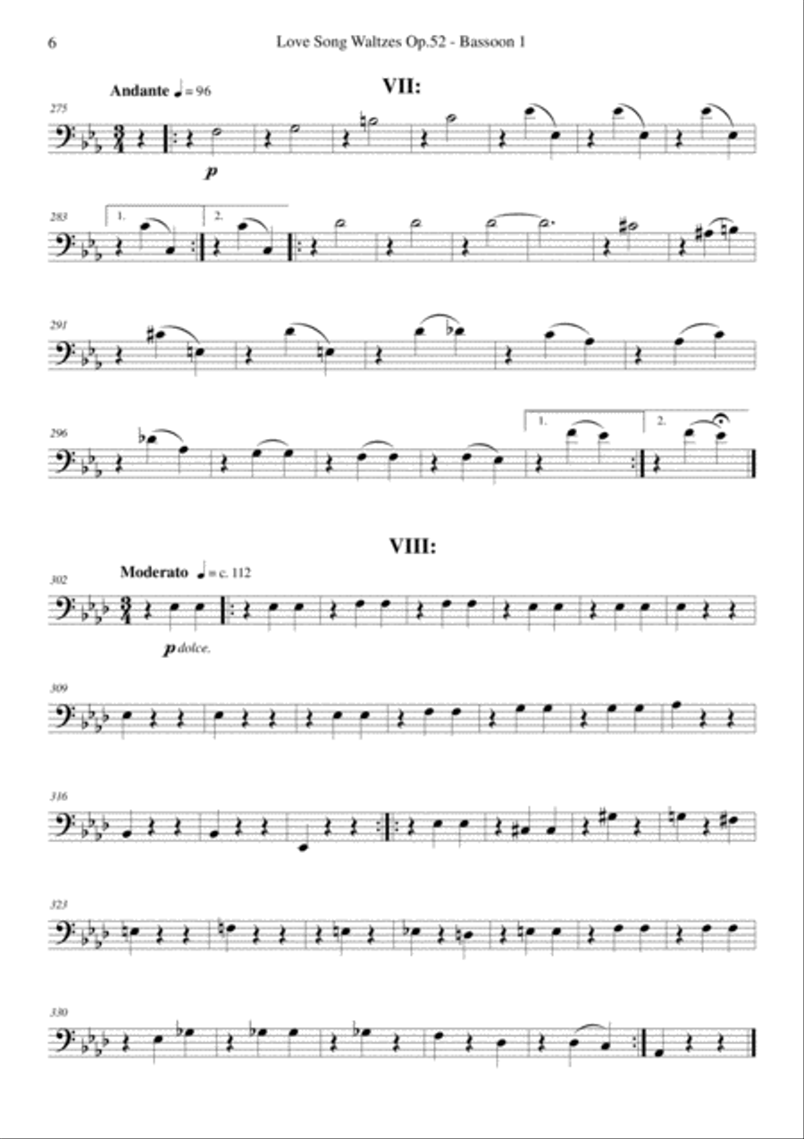 Brahms - Love Song Waltzes Op.52 for Choir and Chamber Orchestra - Bassoon 1 Choir scores gallery preview page 6