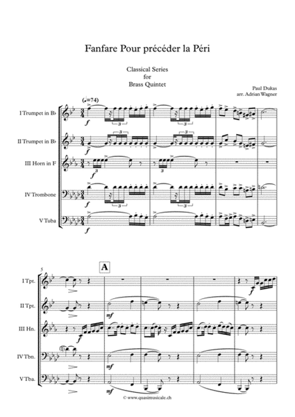 "Fanfare Pour précéder la Péri" (Brass Quintet) arr. Adrian Wagner image number null