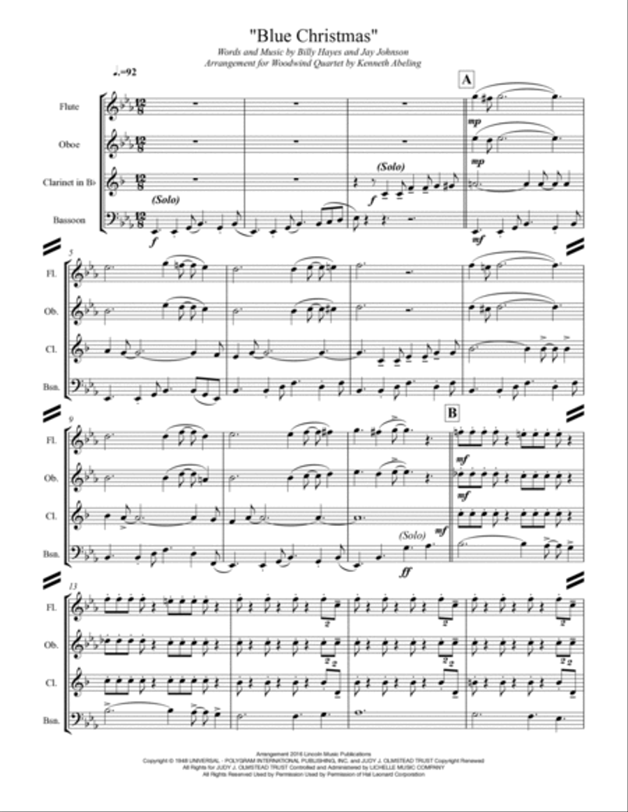 Blue Christmas Woodwind Quartet scores gallery preview page 2