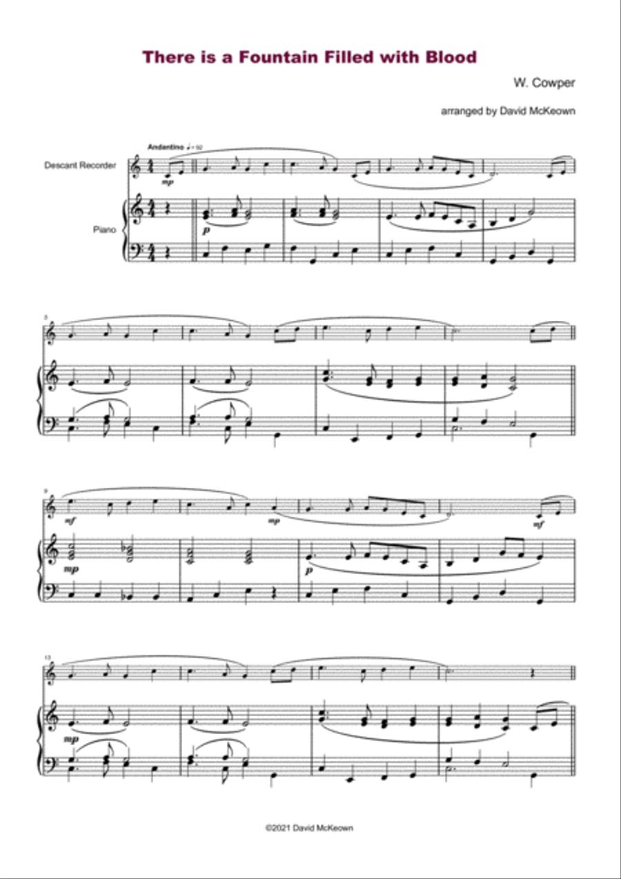 There is a Fountain Filled with Blood, Gospel Hymn for Descant Recorder and Piano Soprano Recorder scores gallery preview page 2