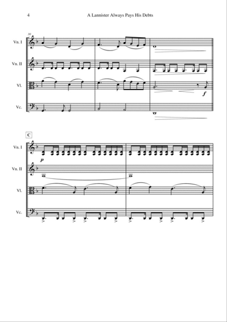 A Lannister Always Pays His Debts String Quartet scores gallery preview page 4