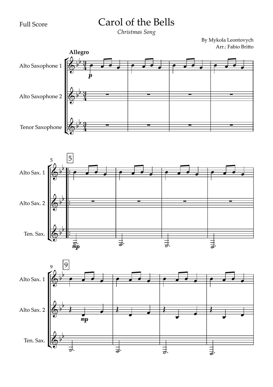 Carol of the Bells (Christmas Song) for Saxophone Trio Woodwind Trio scores gallery preview page 1