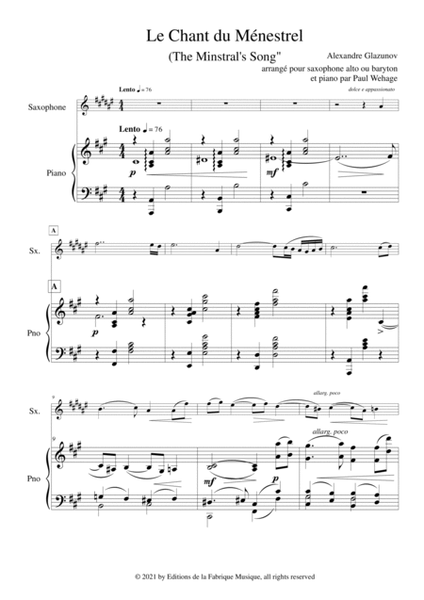 Alexandre Glazunov: Le Chant du Ménestrel (The Minstral's Song), op. 71, arranged for Eb alto or bar