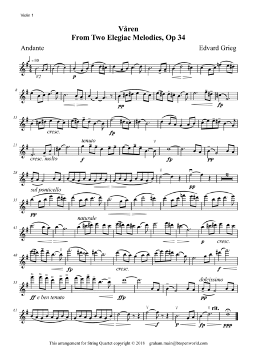 Våren (Last Spring) by Edvard Grieg String Quartet scores gallery preview page 4