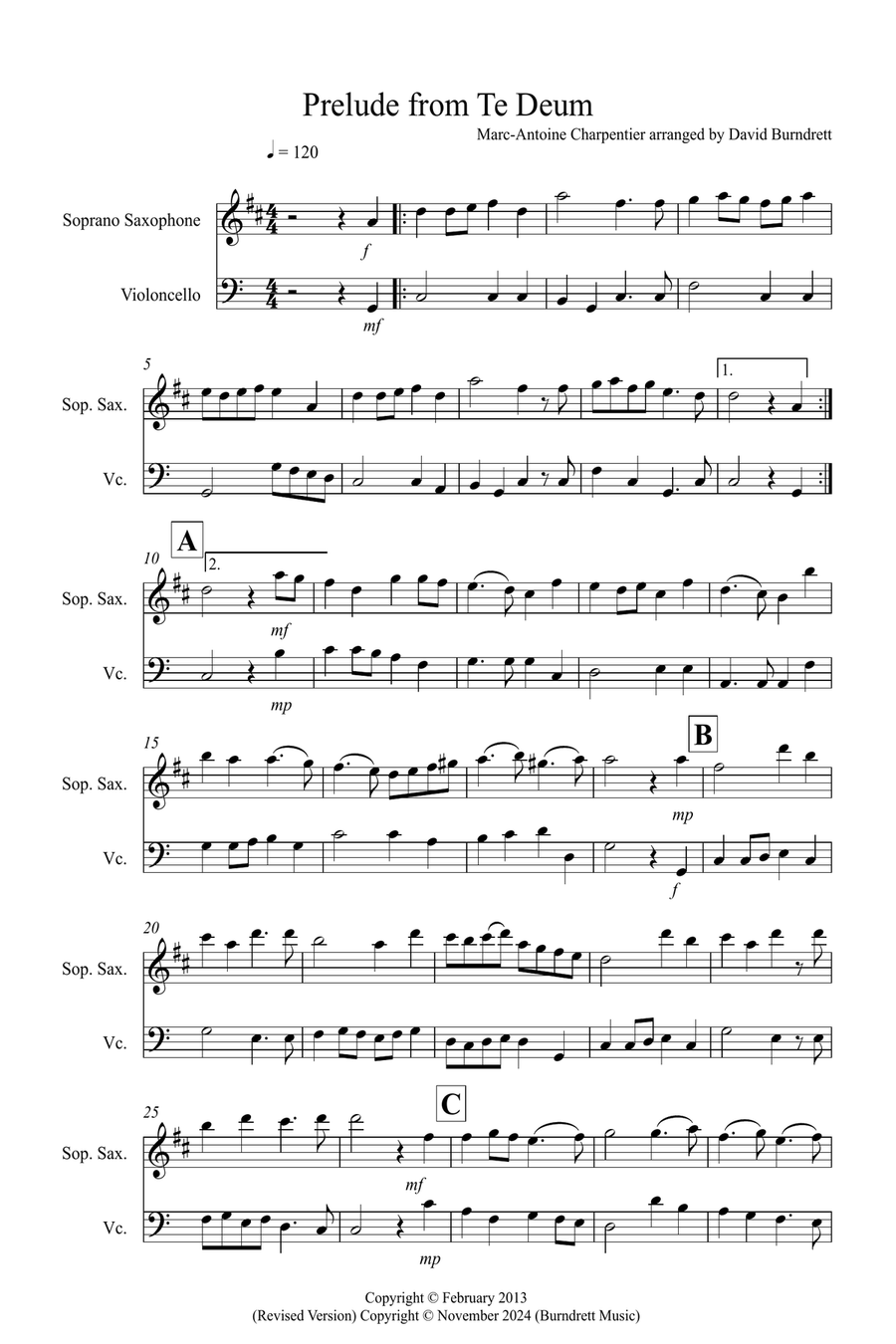Prelude from Te Deum for Soprano Saxophone and Cello Duet Soprano Saxophone scores gallery preview page 1