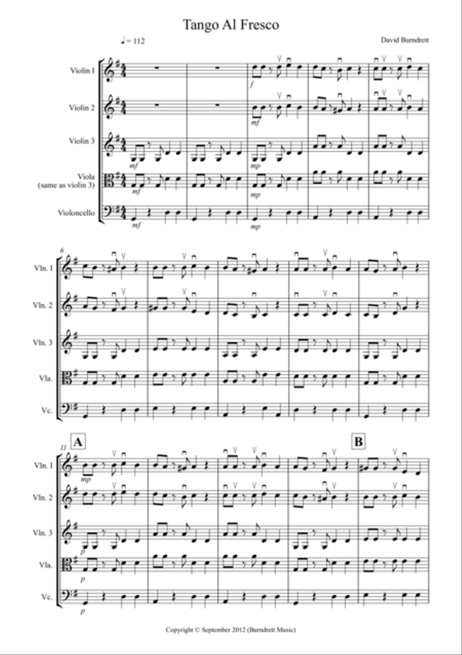 Tango Al Fresco For Beginning String Quartet Tango Al Fresco For Beginning String Quartet String Quartet scores gallery preview page 1