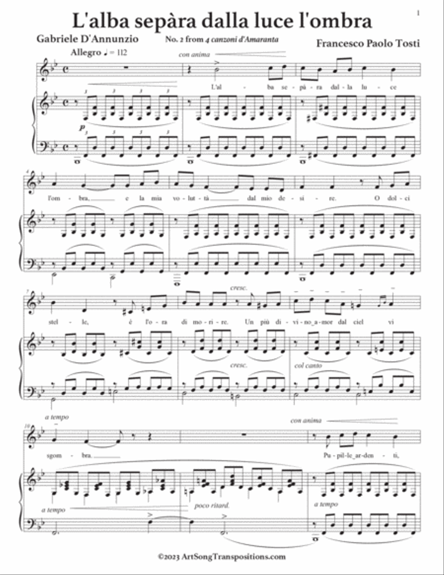 TOSTI: L'alba sepàra dalla luce l'ombra (transposed to B-flat major) Voice scores gallery preview page 2