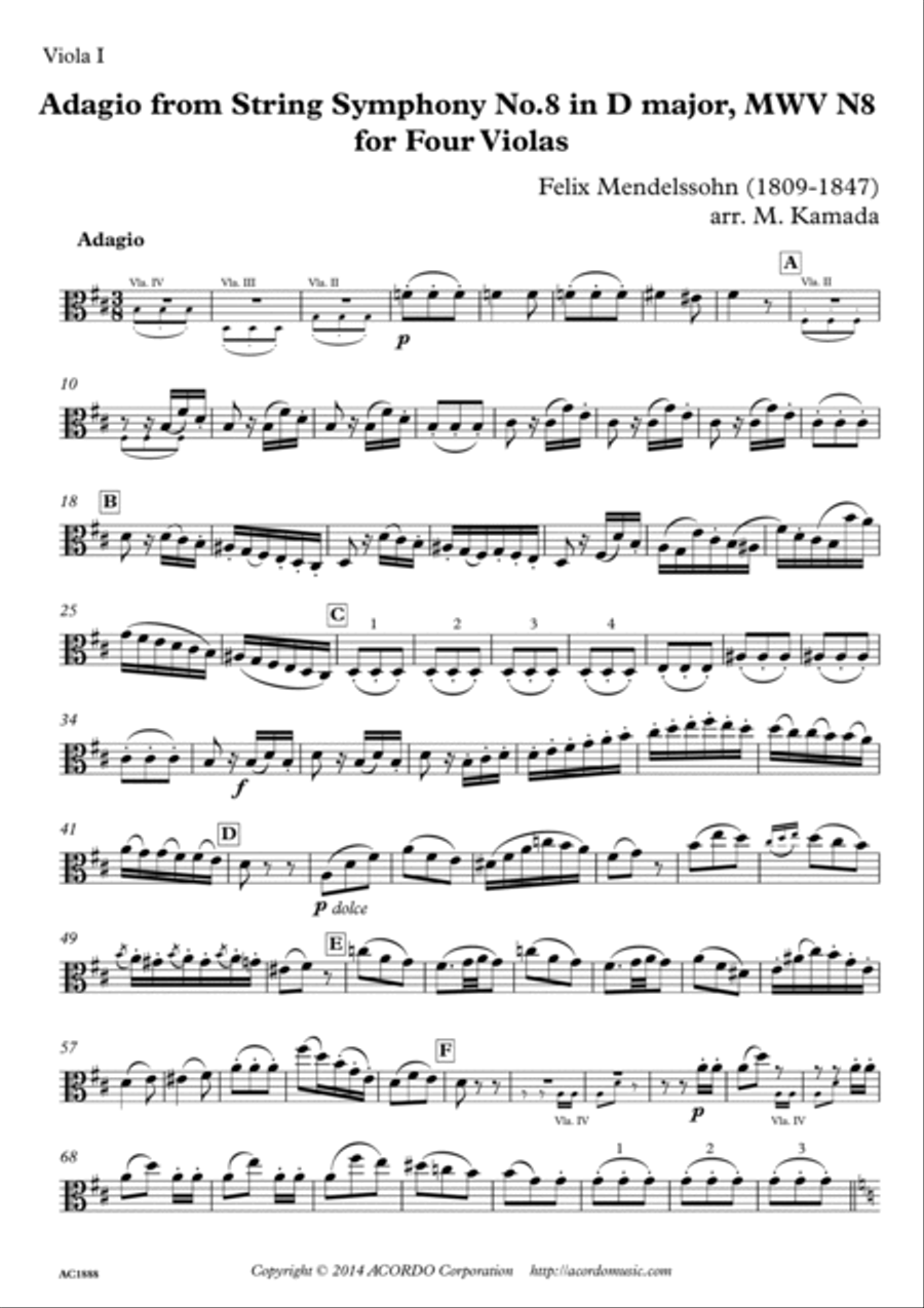 Adagio from String Symphony No.8 in D major, MWV N8 for Four Violas Viola Solo scores gallery preview page 5