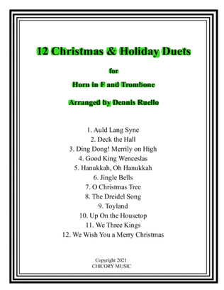 Book cover for 12 Christmas & Holiday Duets for Horn in F and Trombone